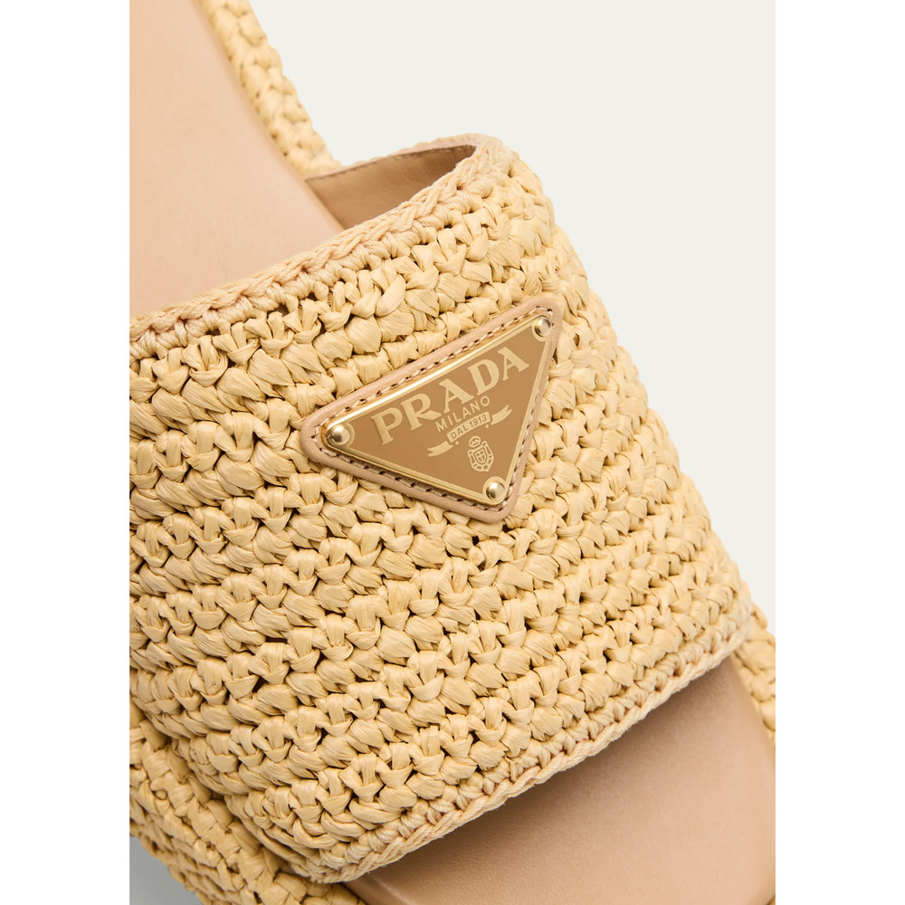 Prada Crochet Raffia Platform Slide Natural Beige Logo Mule Wedge Sandal 40 - Picture 16 of 16